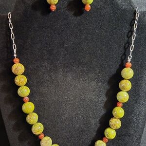 Artisan Lime Green Sea Sediment Jasper and Carnelian Necklace and Earring Set